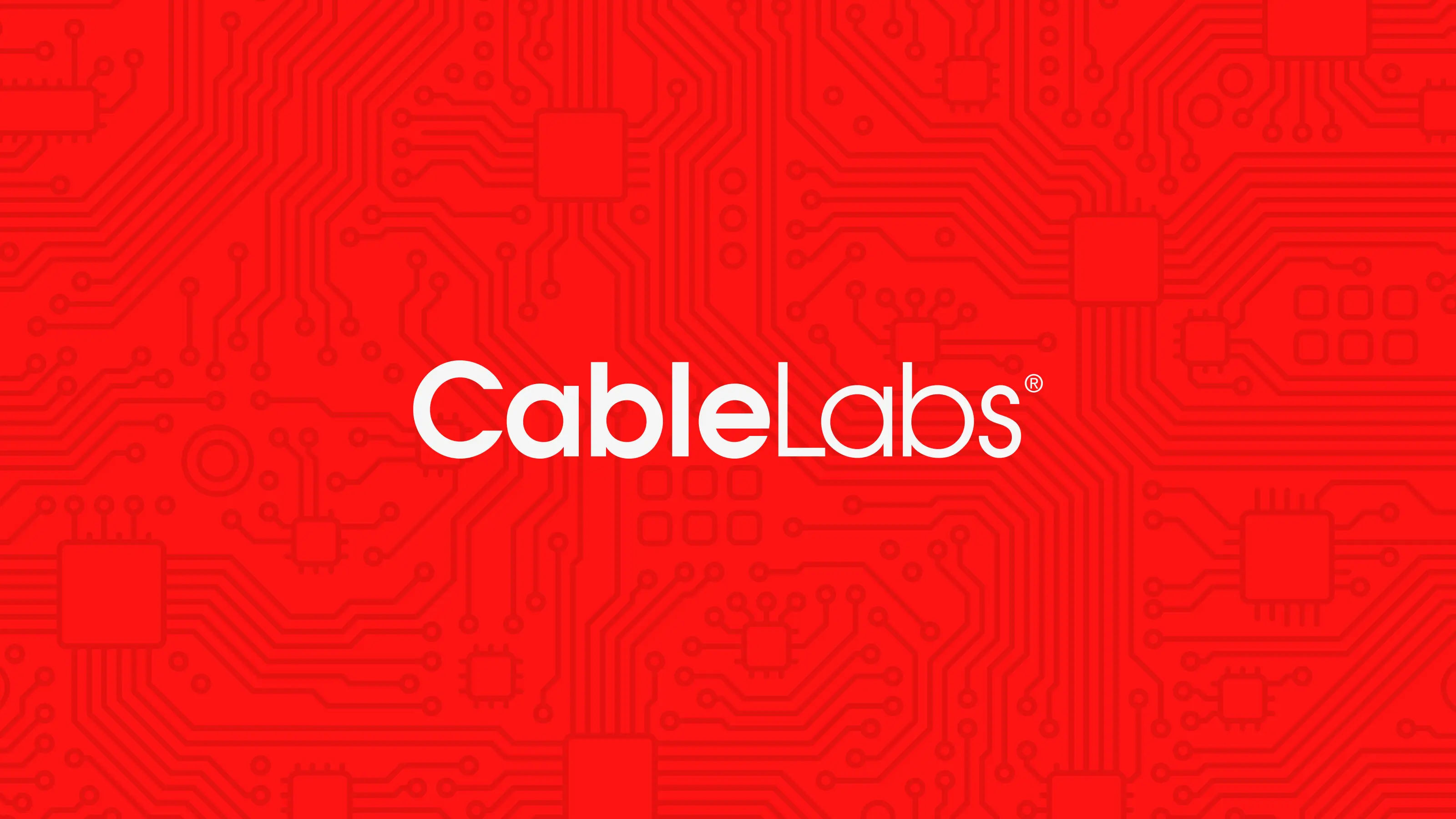 The CableLabs logo with a red background pattern of computer part illustrations.